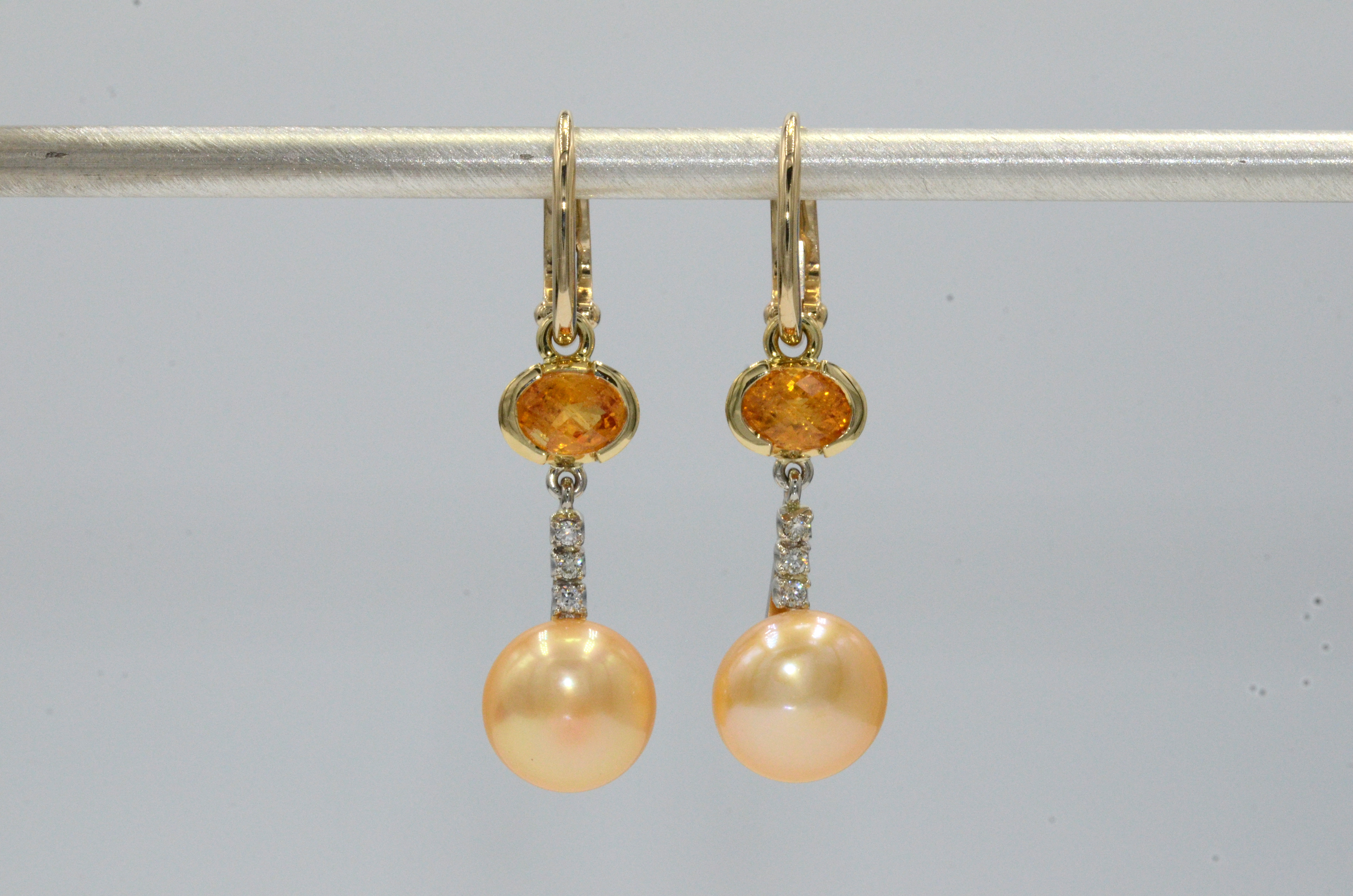 One pair of oval checker board faceted Yellow Sapphires, Golden Pearls and Diamond melee  Euro Charms. 1 -1/8th" long. Euro Charm Earrings to be worn with our signature Euro Wires. Go to "About Store" for more information in regard to our Euro Wires.